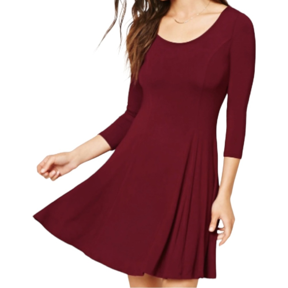 Princess Seam Skater Dress NEW M Burgundy 3/4 Sleeve Rayon Stretch Stretch